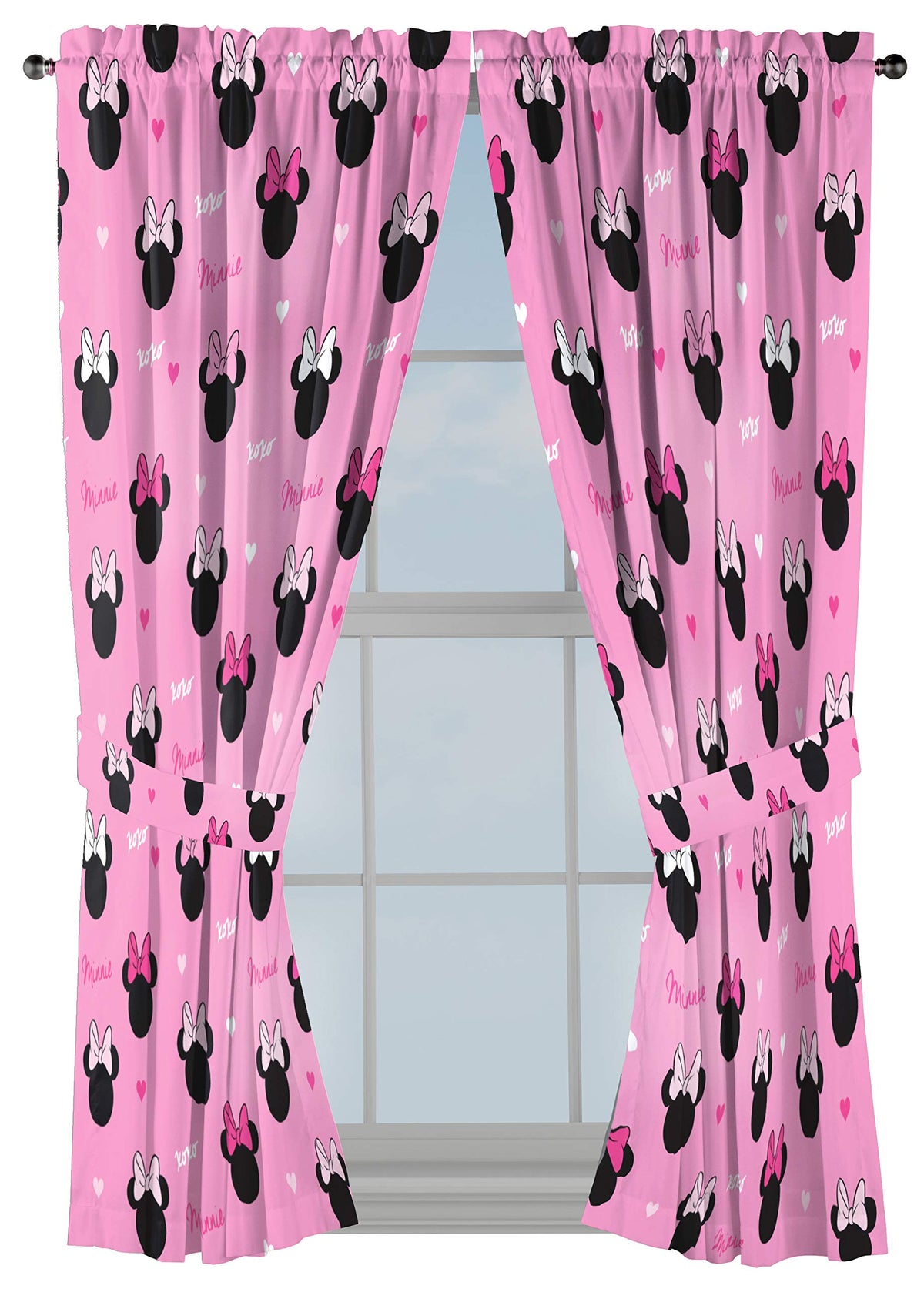 Jay Franco Minnie Mouse Hearts N Love drapes fabric close-up, soft microfiber texture
