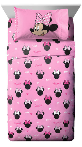 Jay Franco Minnie Mouse twin fitted sheet, soft microfiber for year-round comfort.