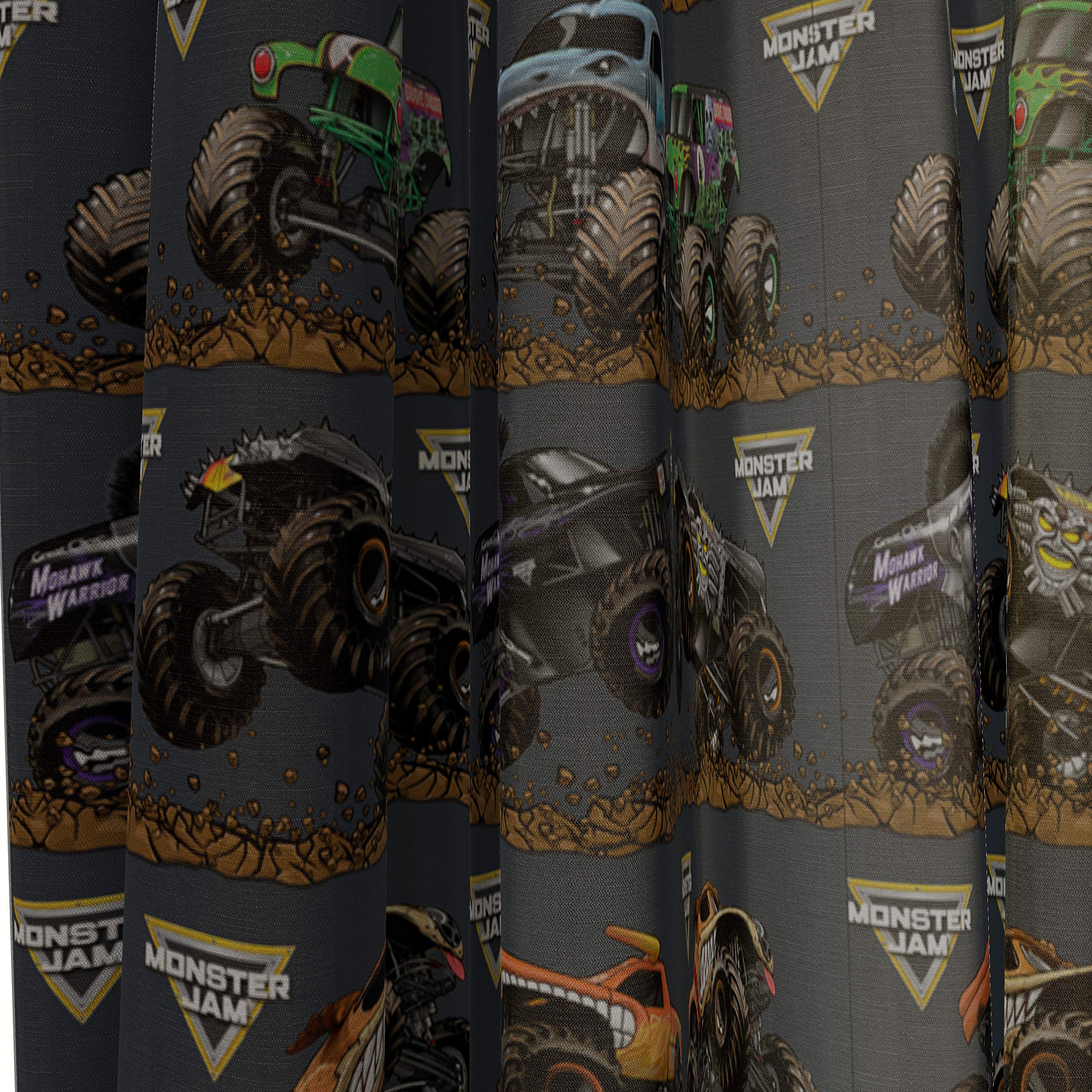 Jay Franco Monster Jam bedroom decor in action with themed curtains.