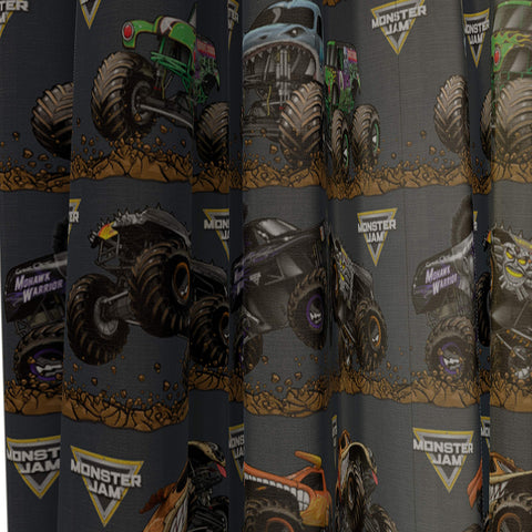 Jay Franco Monster Jam bedroom decor in action with themed curtains.
