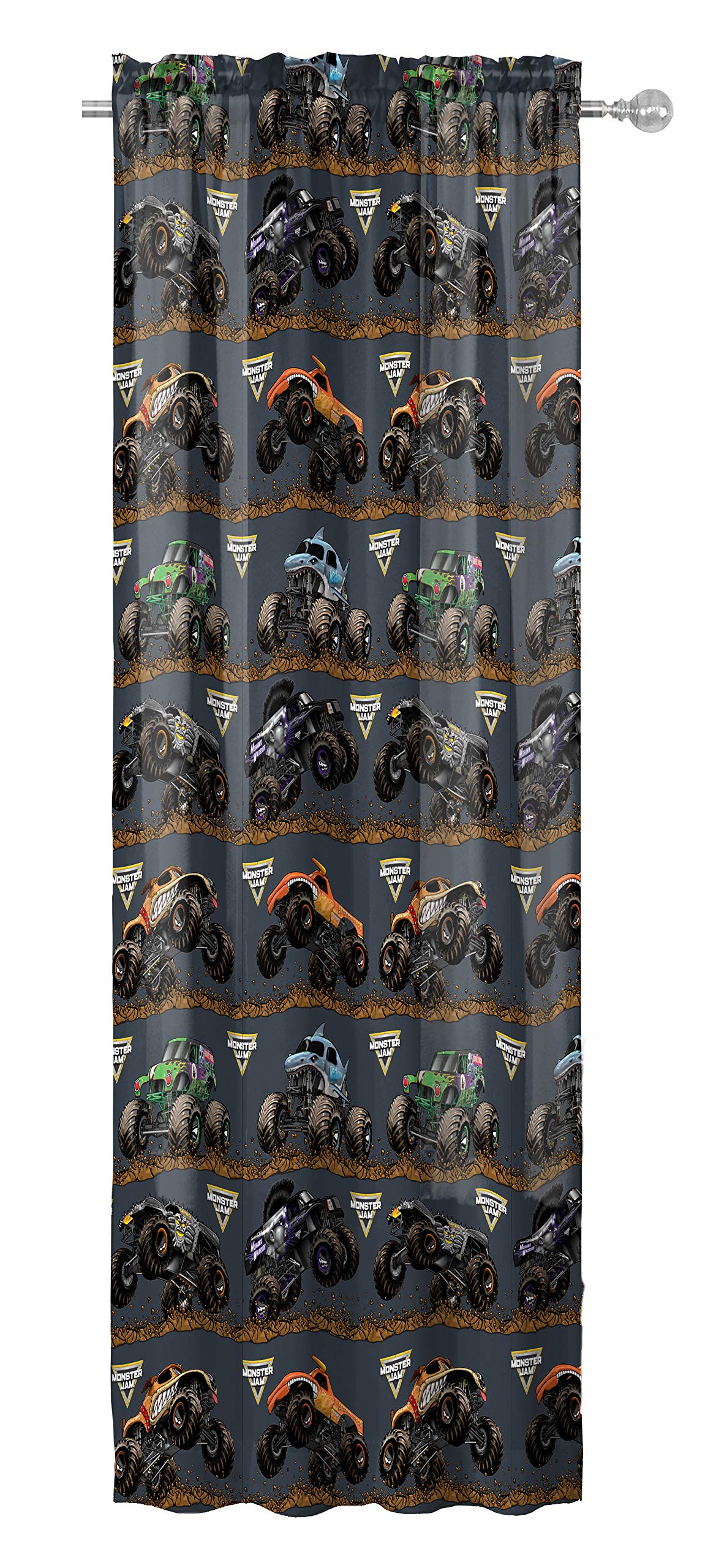 Installation demo of Jay Franco Monster Jam curtain with a standard 1-inch rod pocket.