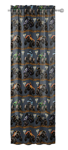 Installation demo of Jay Franco Monster Jam curtain with a standard 1-inch rod pocket.