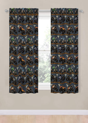 Closeup of Jay Franco Monster Jam curtain panel highlighting durable microfiber fabric.