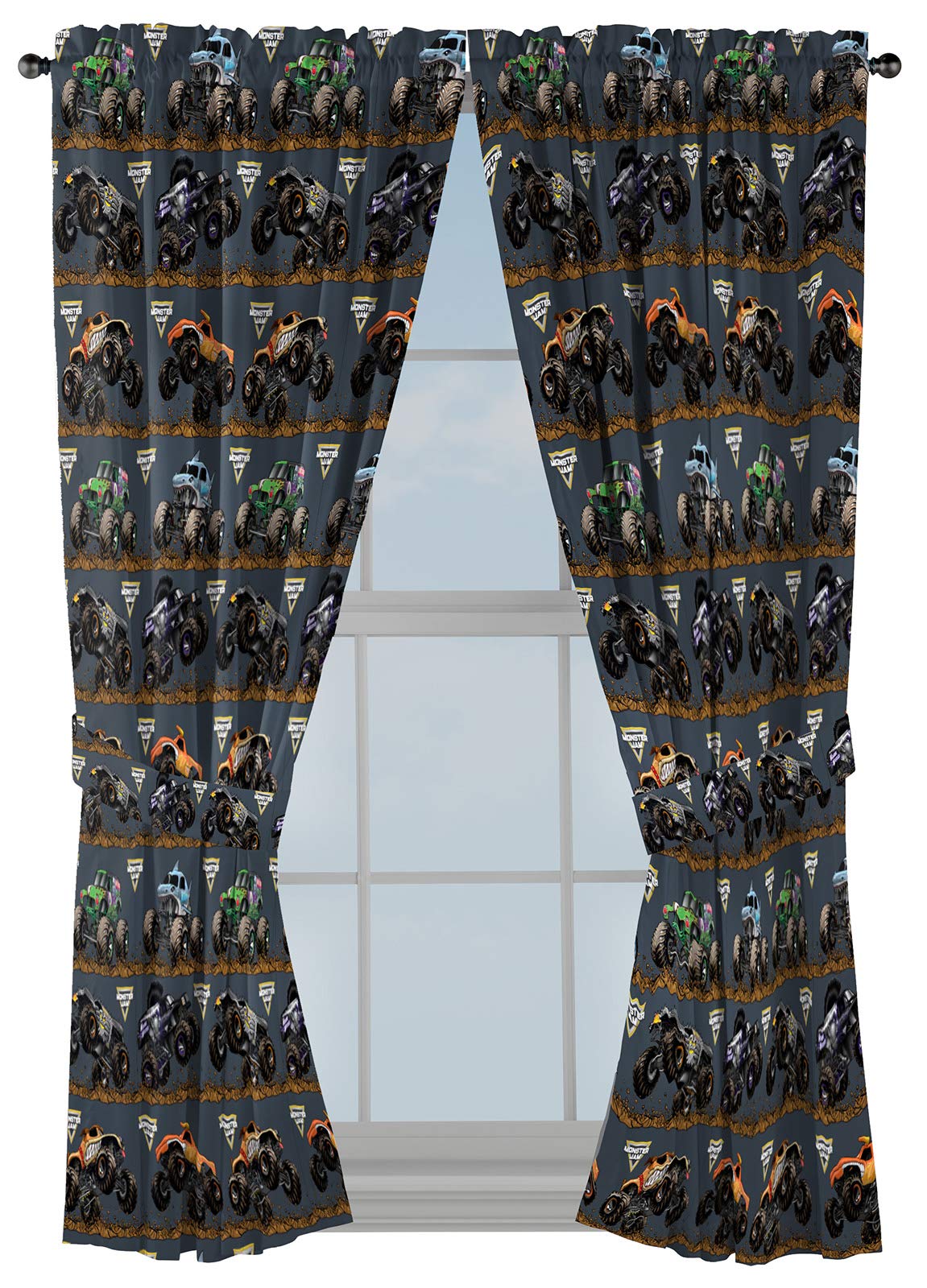 Jay Franco Monster Jam curtain panel hero shows bold truck design for kids' room decor.