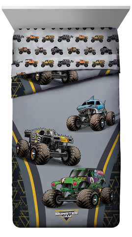 Jay Franco Monster Jam MJ Life fitted sheet with bold truck graphics for playful bedrooms.