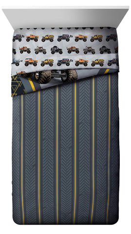 Jay Franco Monster Jam MJ Life flat sheet highlighting vibrant trucks for easy bed changes.