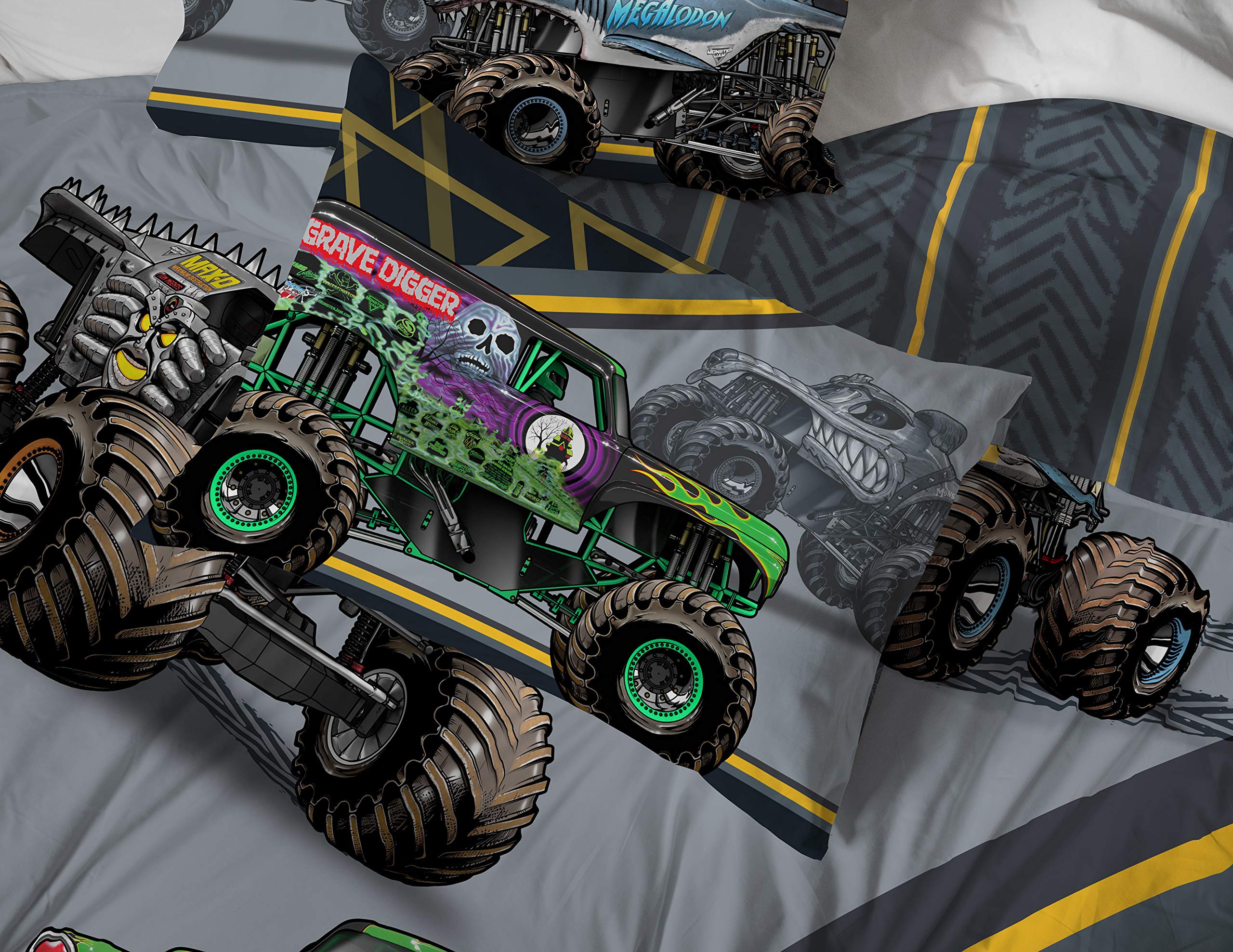 Jay Franco Monster Jam MJ Life Grave Digger graphic trucks on bed set decor.