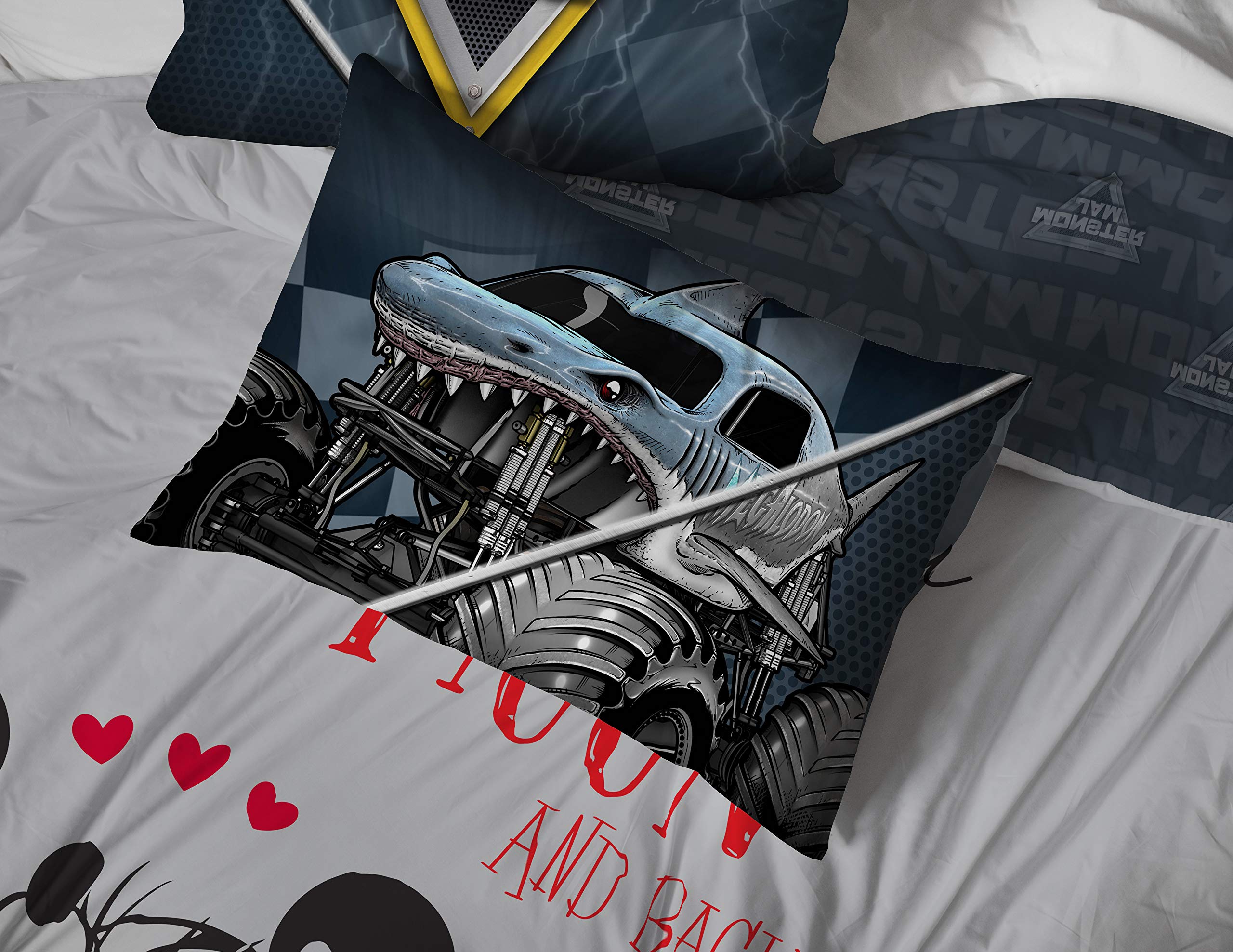 Jay Franco Monster Jam Slash flat sheet enhances layering and color-rich sleep setup.
