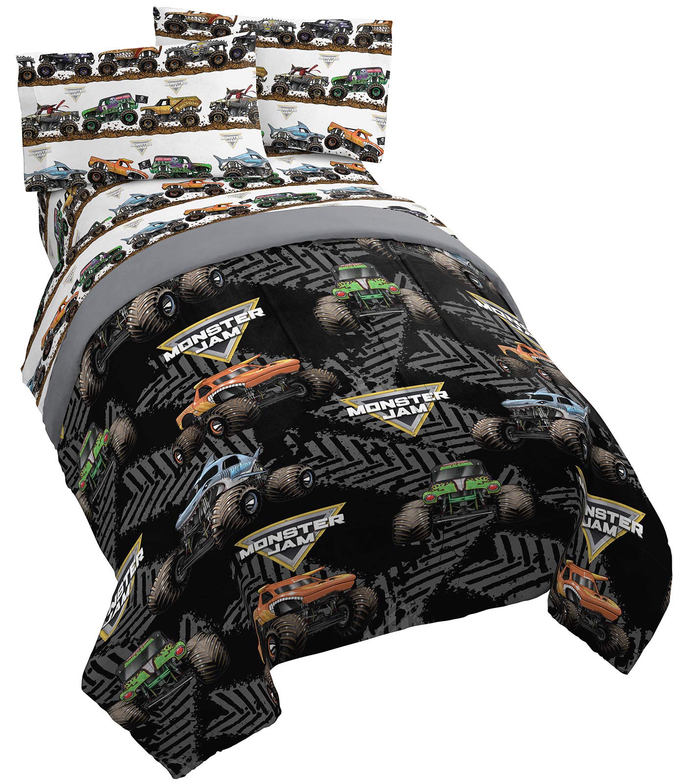 Jay Franco Monster Jam Tracks twin comforter with Grave Digger design, fade-resistant and kid-friendly.