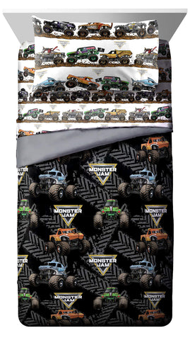 Jay Franco Monster Jam Tracks twin flat sheet with vibrant print and easy care for busy mornings.