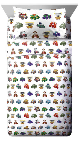 Jay Franco Monster Jam Truckin Pals fitted sheet with action trucks for durable nights.