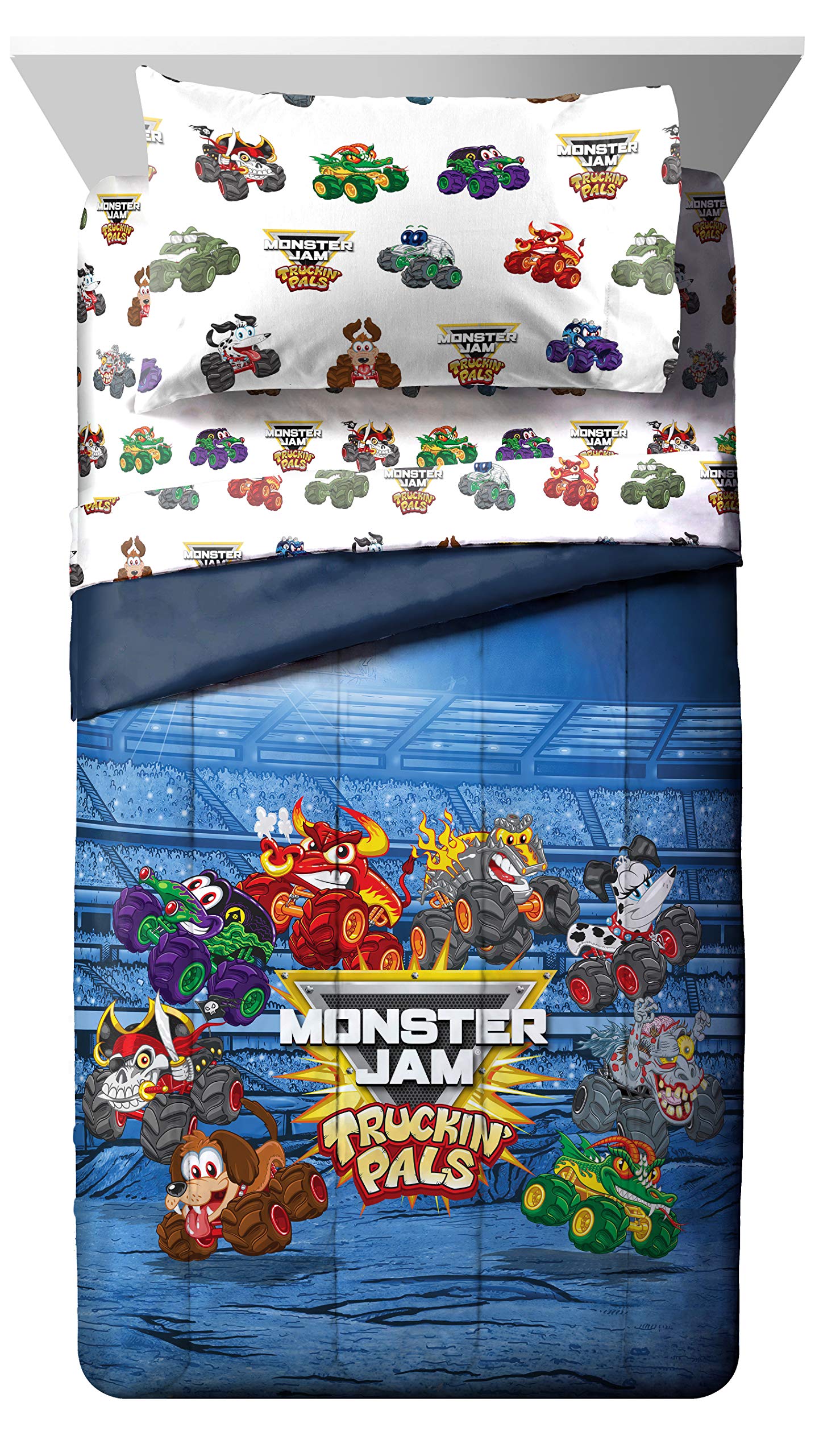 Jay Franco Monster Jam Truckin Pals flat sheet with Megalodon motif for vibrant bedtime.