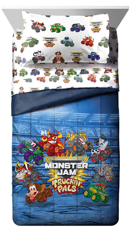 Jay Franco Monster Jam Truckin Pals flat sheet with Megalodon motif for vibrant bedtime.