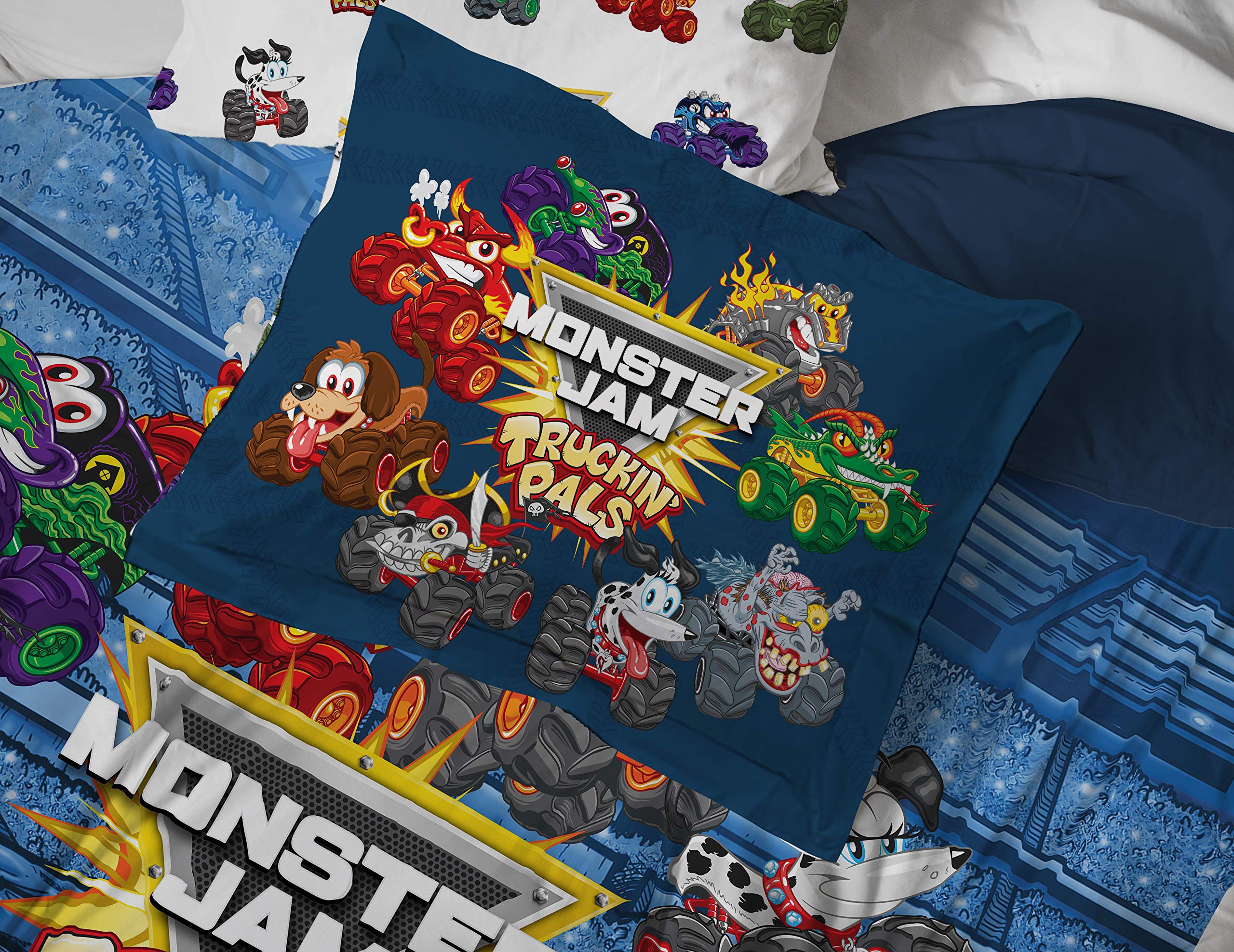 Jay Franco Monster Jam Truckin Pals sham highlights Megalodon for a coordinated look.