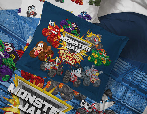 Jay Franco Monster Jam Truckin Pals sham highlights Megalodon for a coordinated look.