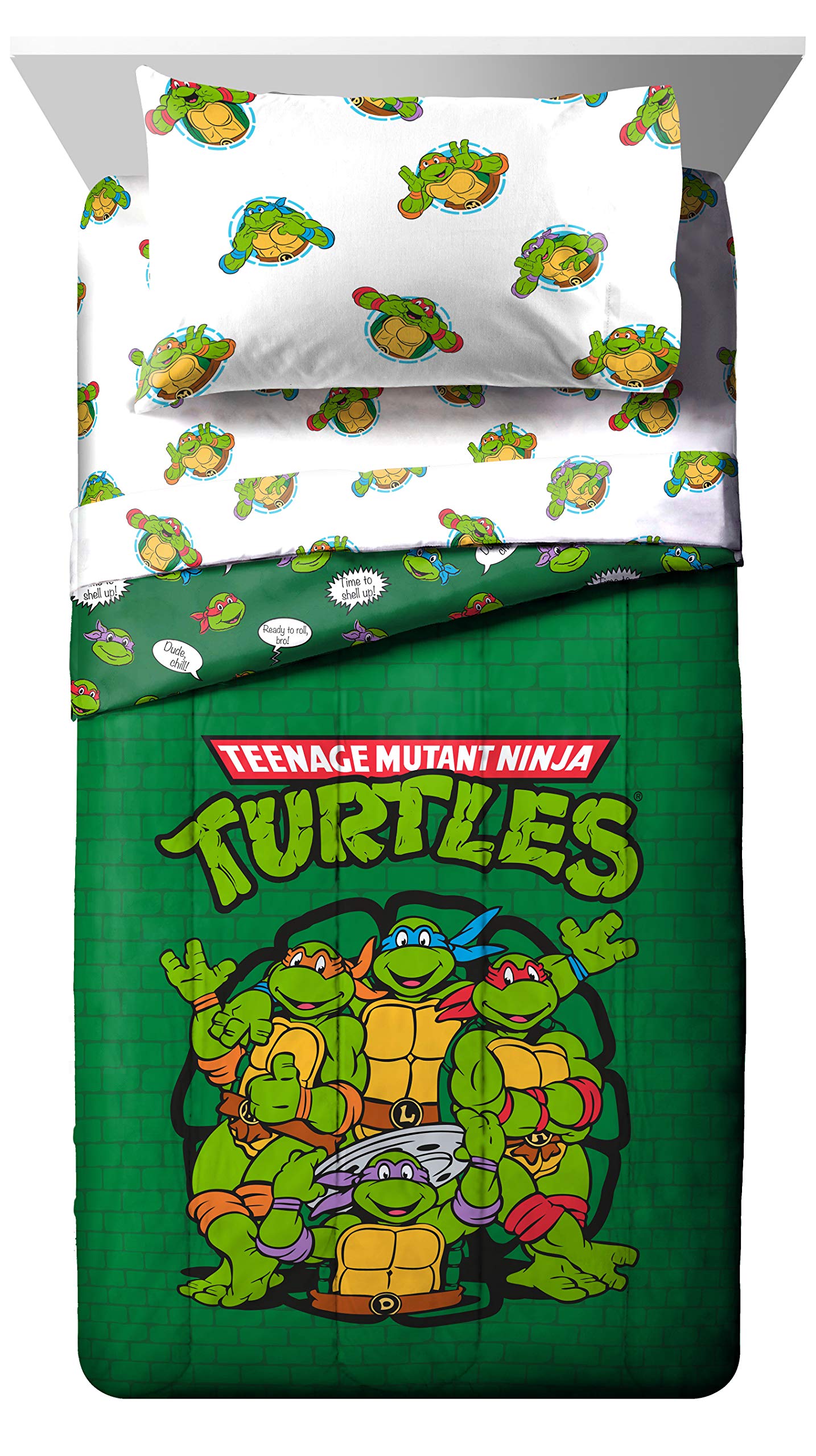 Jay Franco TMNT green bricks flat sheet highlights vivid print and smooth, breathable fabric.