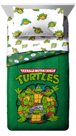 Jay Franco TMNT green bricks flat sheet highlights vivid print and smooth, breathable fabric.