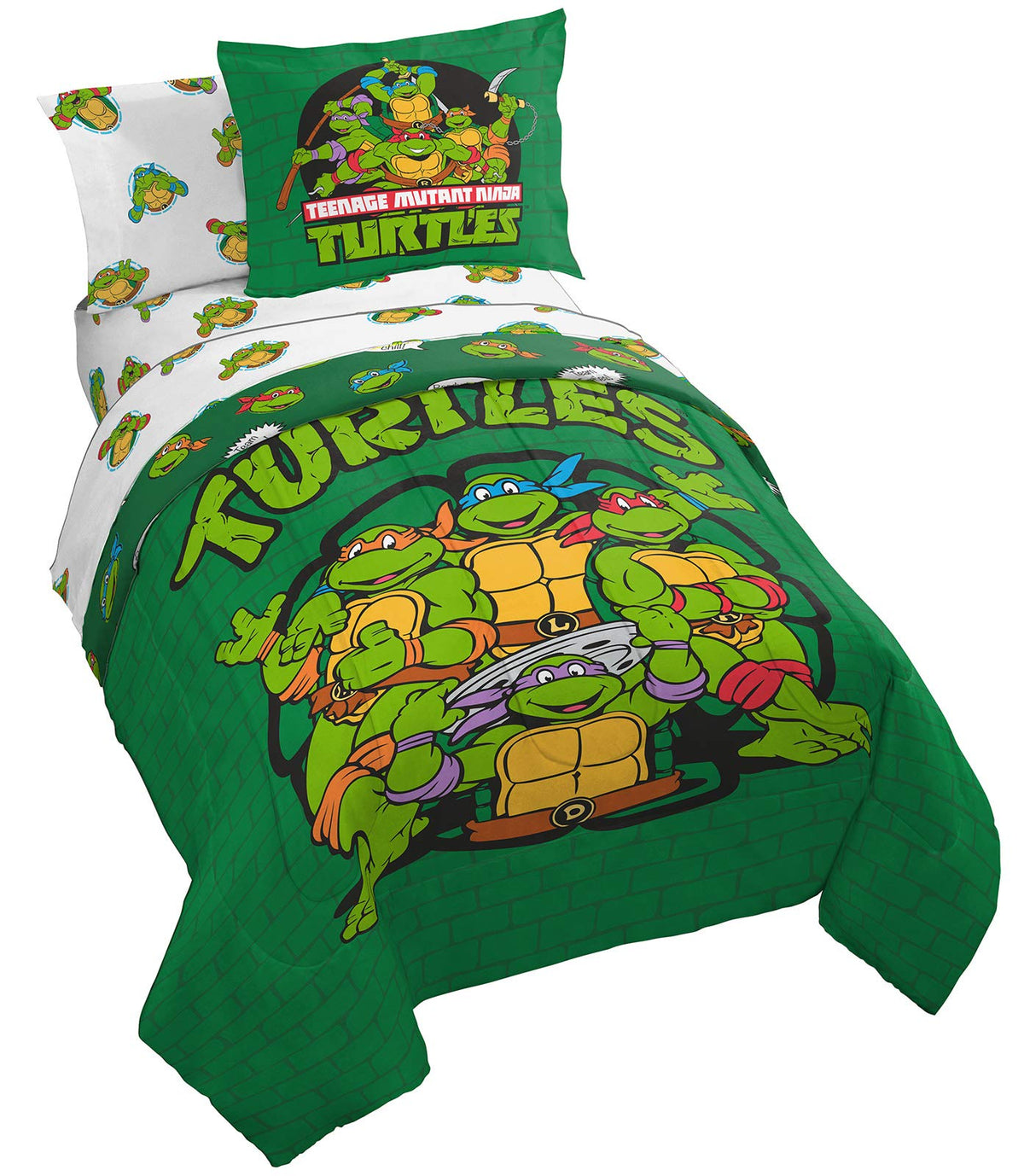 Jay Franco TMNT green bricks reversible comforter, bold colors, soft warmth for cozy nights.