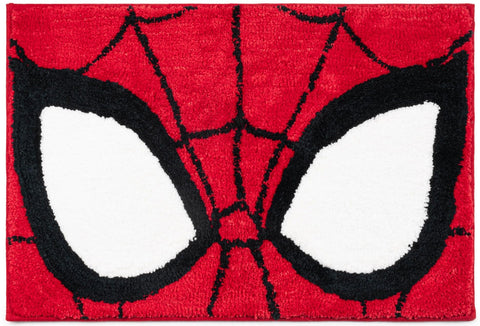 Jay Franco Spiderman bath rug in front of tub, 20x30, keeping floors dry