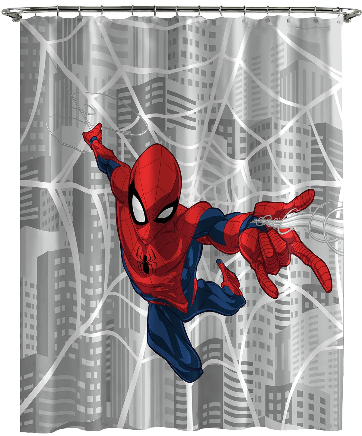 Jay Franco Spiderman City Web shower curtain in microfiber, easy care for kids’ bathrooms.