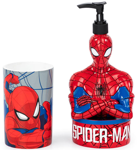 Jay Franco Spiderman soap dispenser in red and blue for kid-friendly bathrooms
