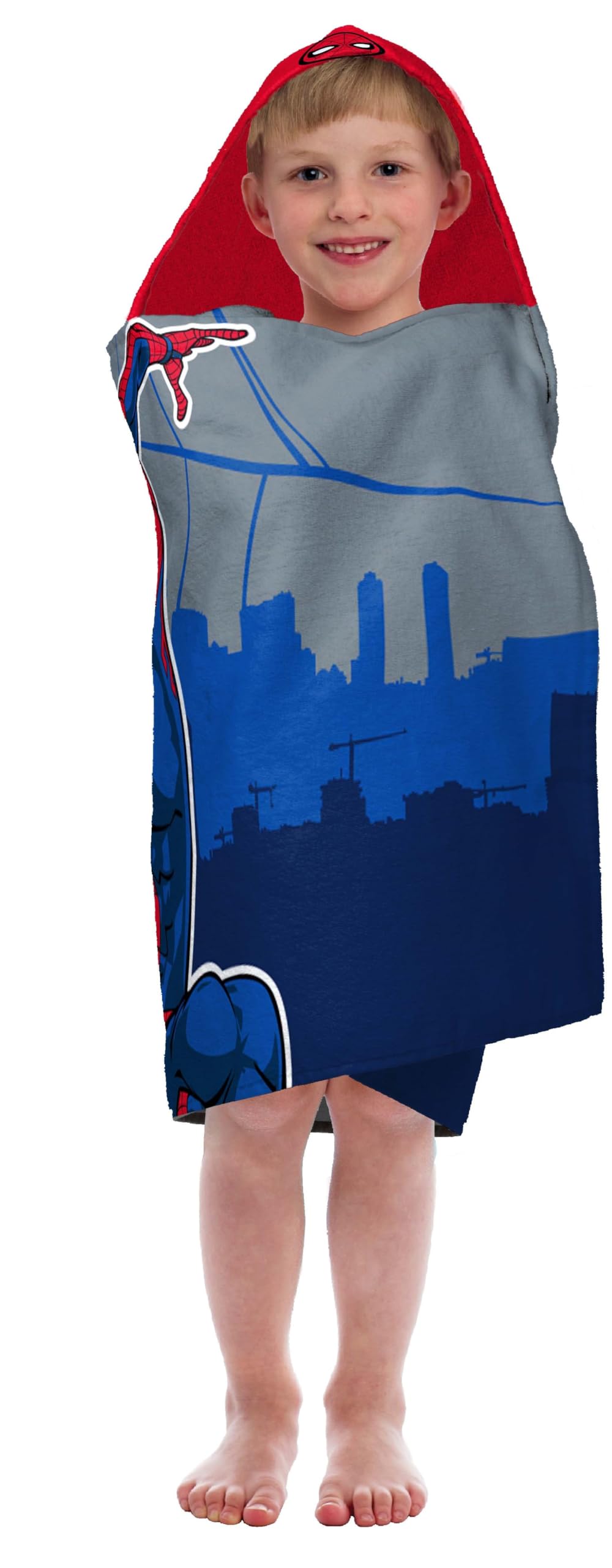 Close-up of Jay Franco Spiderman hooded towel highlighting soft cotton terry and vibrant colors.