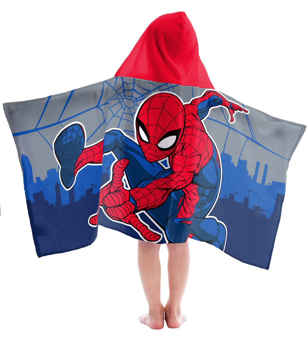 Jay Franco Spiderman hooded towel shown in bright print, ideal for bath and pool time drying.