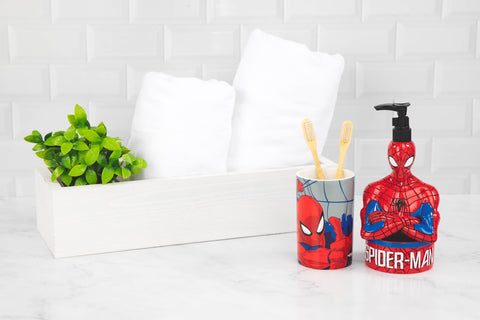Spiderman bathroom set display brightens bath time and helps organize countertops
