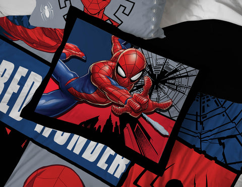 Jay Franco Spiderman Webbed Wonder bedroom scene showcases superhero-themed bedding