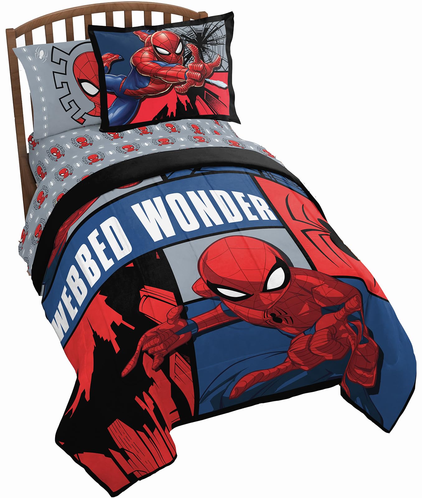 Jay Franco Spiderman Webbed Wonder comforter closeup shows soft microfiber for cozy nights