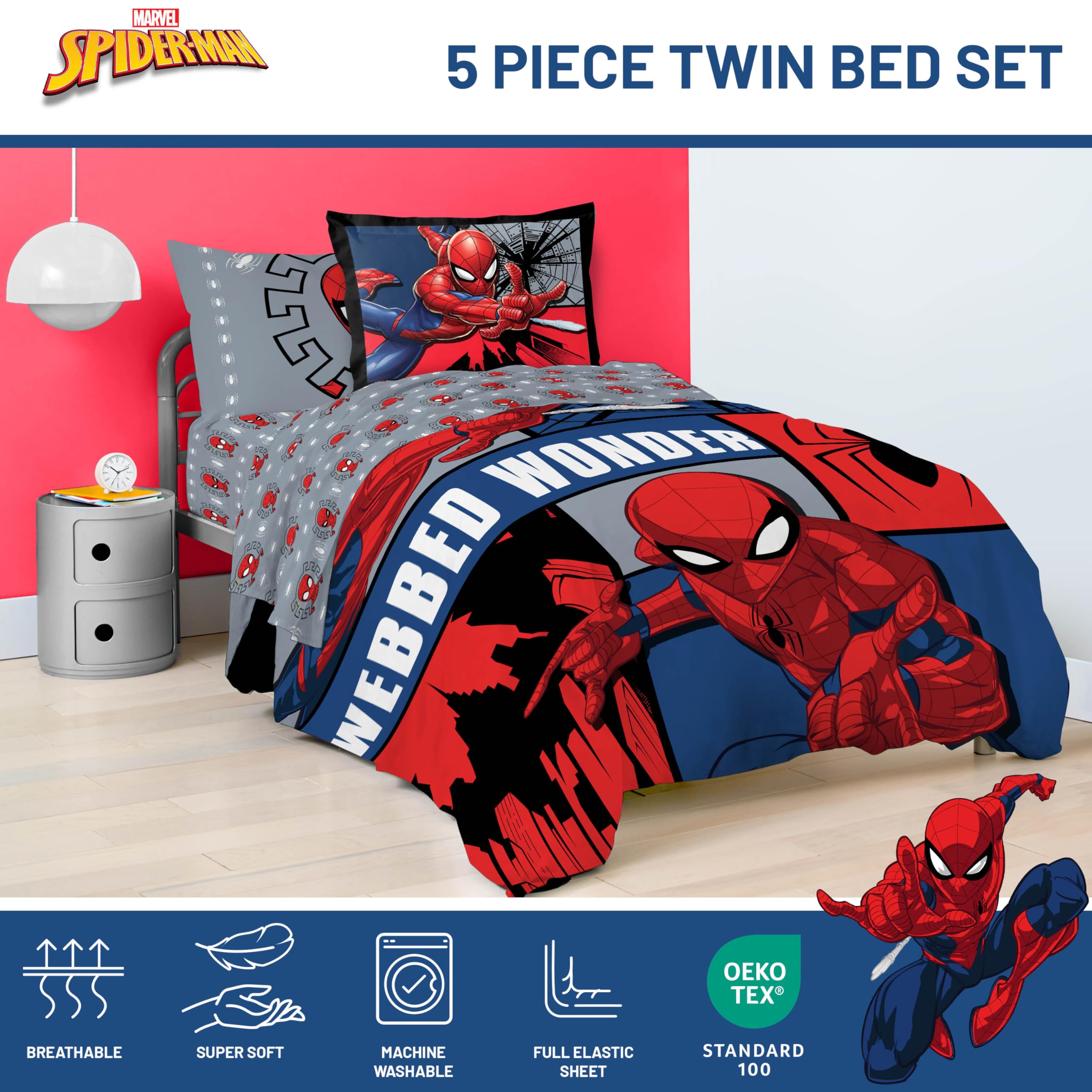 Jay Franco Spiderman Webbed Wonder pillowcase features kid-friendly design and easy care