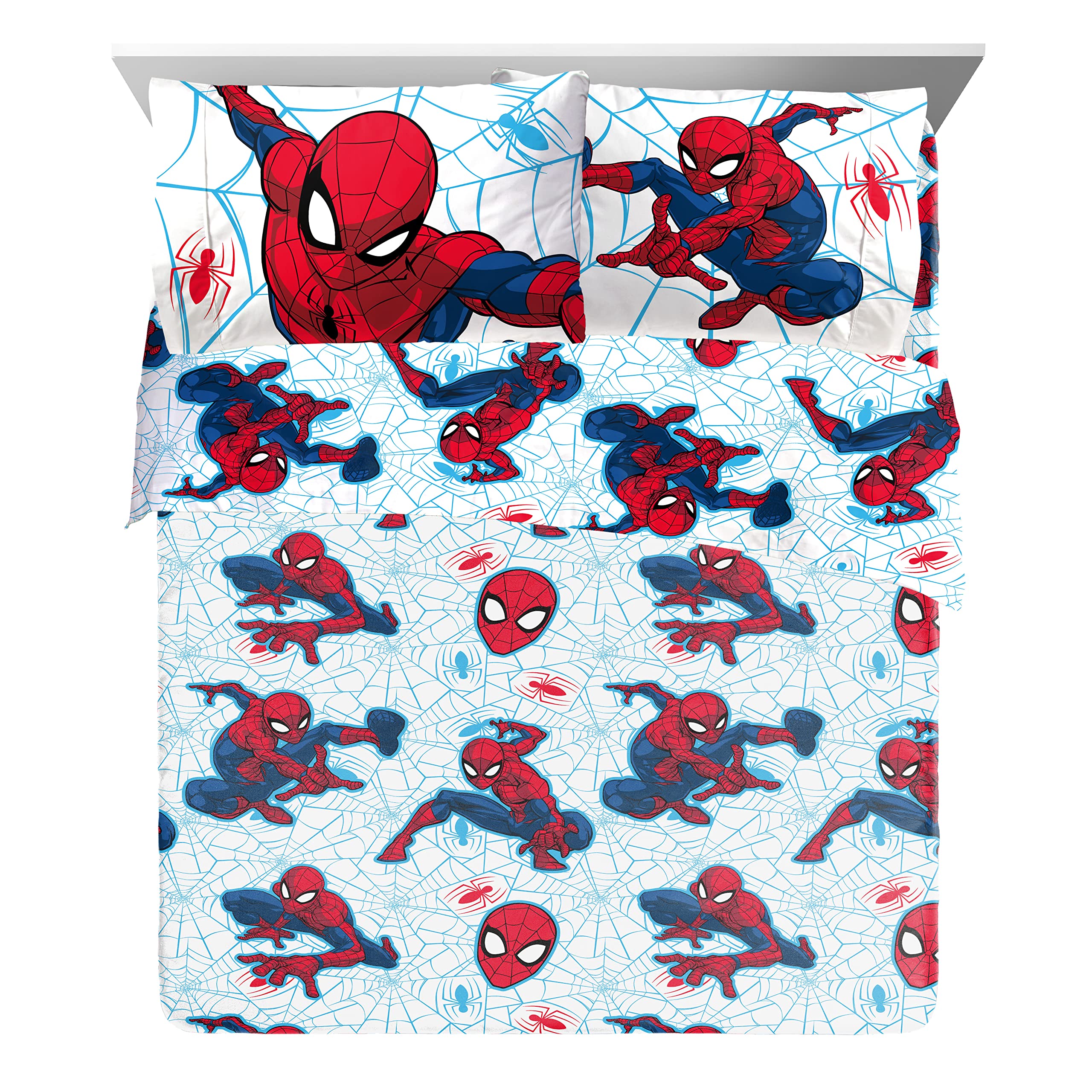 Jay Franco Spiderman flat sheet features bold web design for layering.