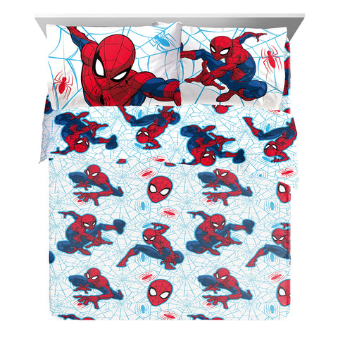 Jay Franco Spiderman flat sheet features bold web design for layering.