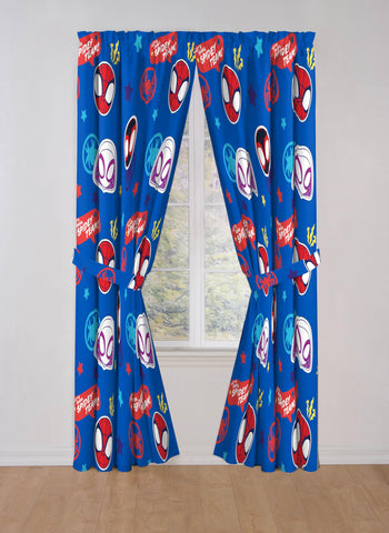Blue Spidey curtains brighten playroom decor and privacy.