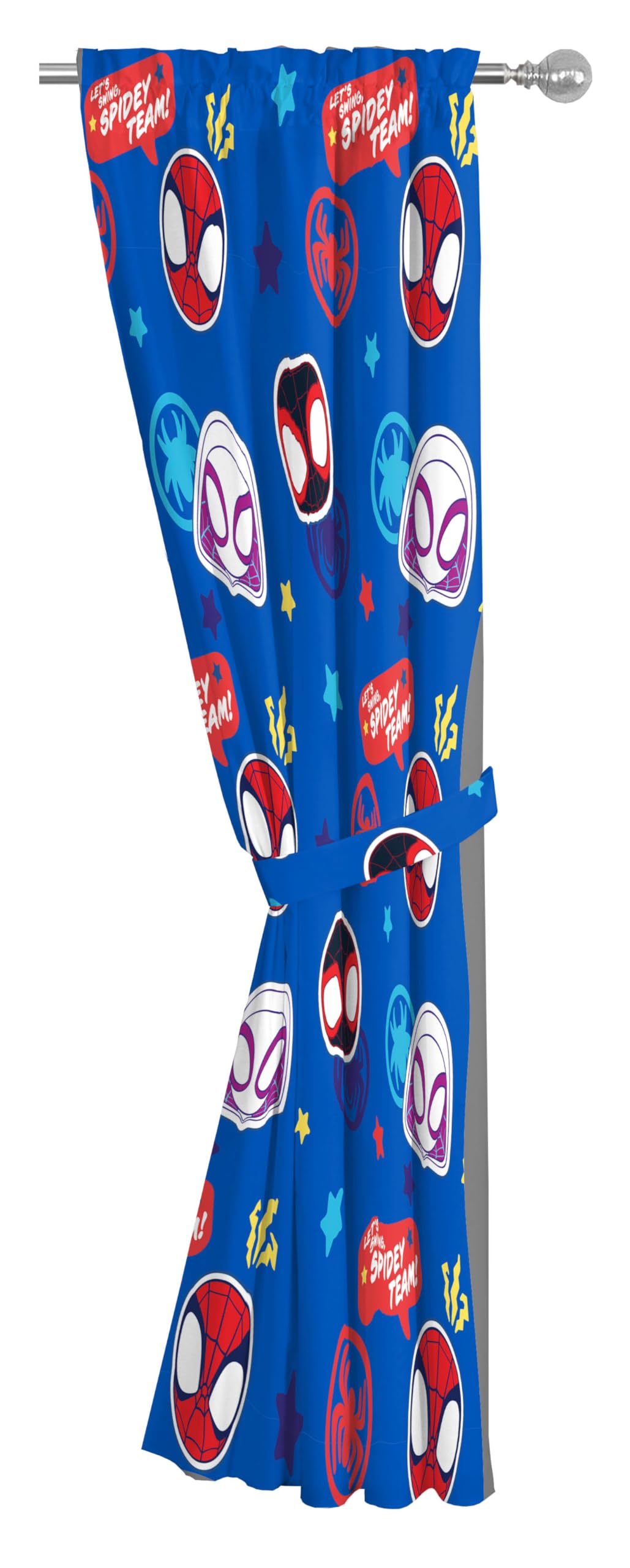 Room setup with Jay Franco Spidey curtains featuring a playful theme.
