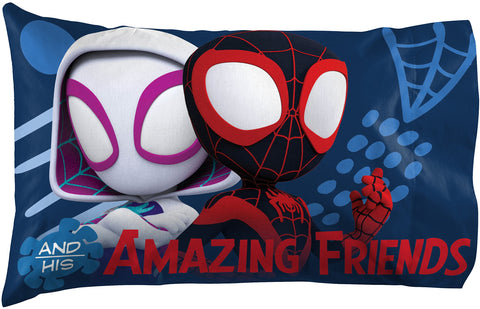 Jay Franco Spidey & Friends standard pillowcase complements the white set