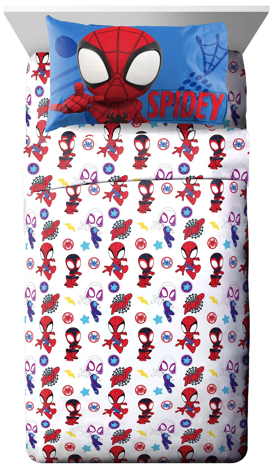Jay Franco Spidey & Friends twin sheet set on a bed with vibrant hero graphics