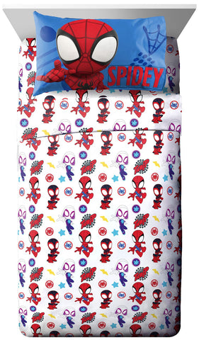 Jay Franco Spidey & Friends twin sheet set on a bed with vibrant hero graphics