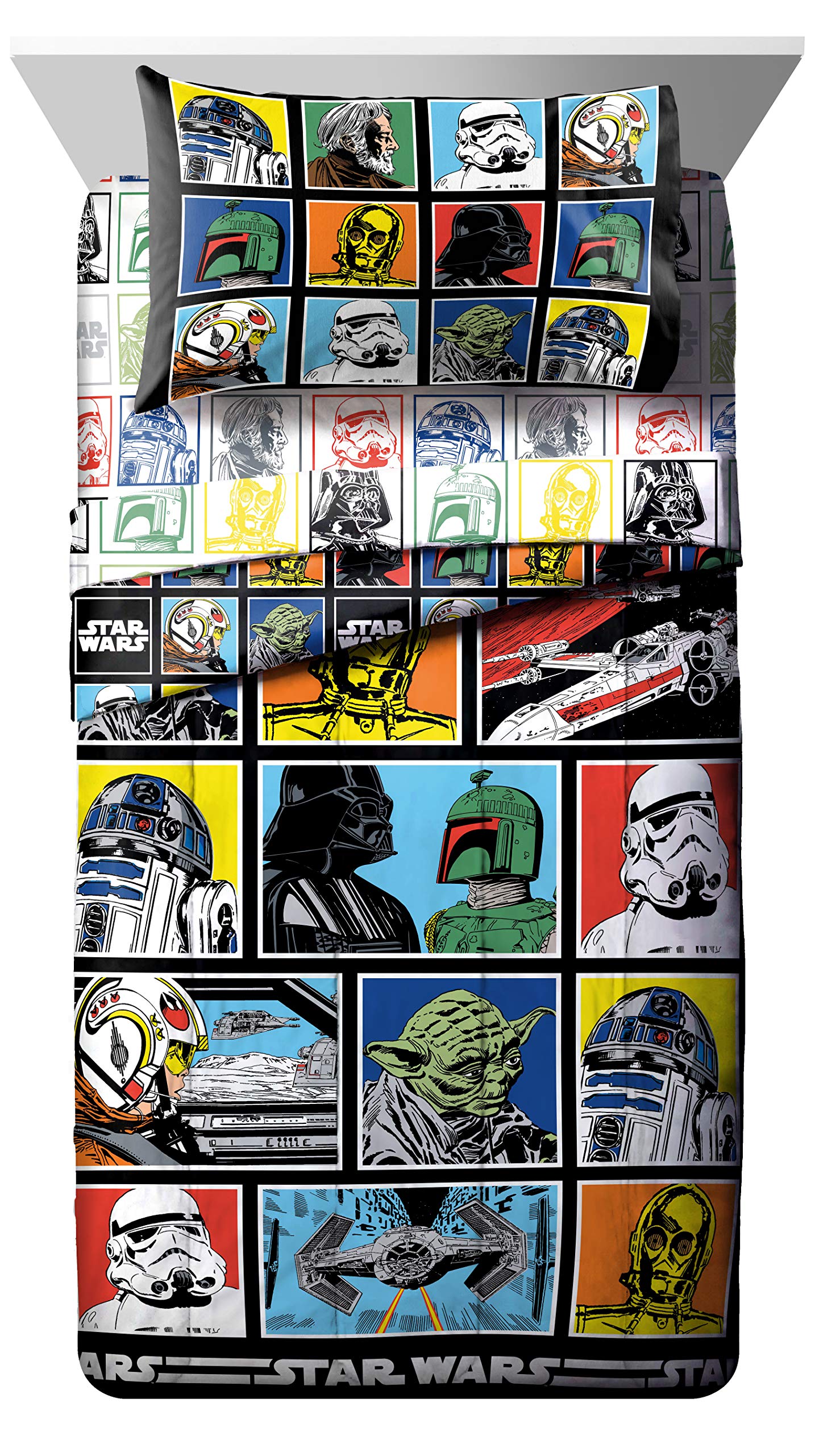 Colorful Star Wars design accents a playful, kid-friendly bedtime theme.