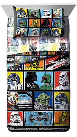 Colorful Star Wars design accents a playful, kid-friendly bedtime theme.