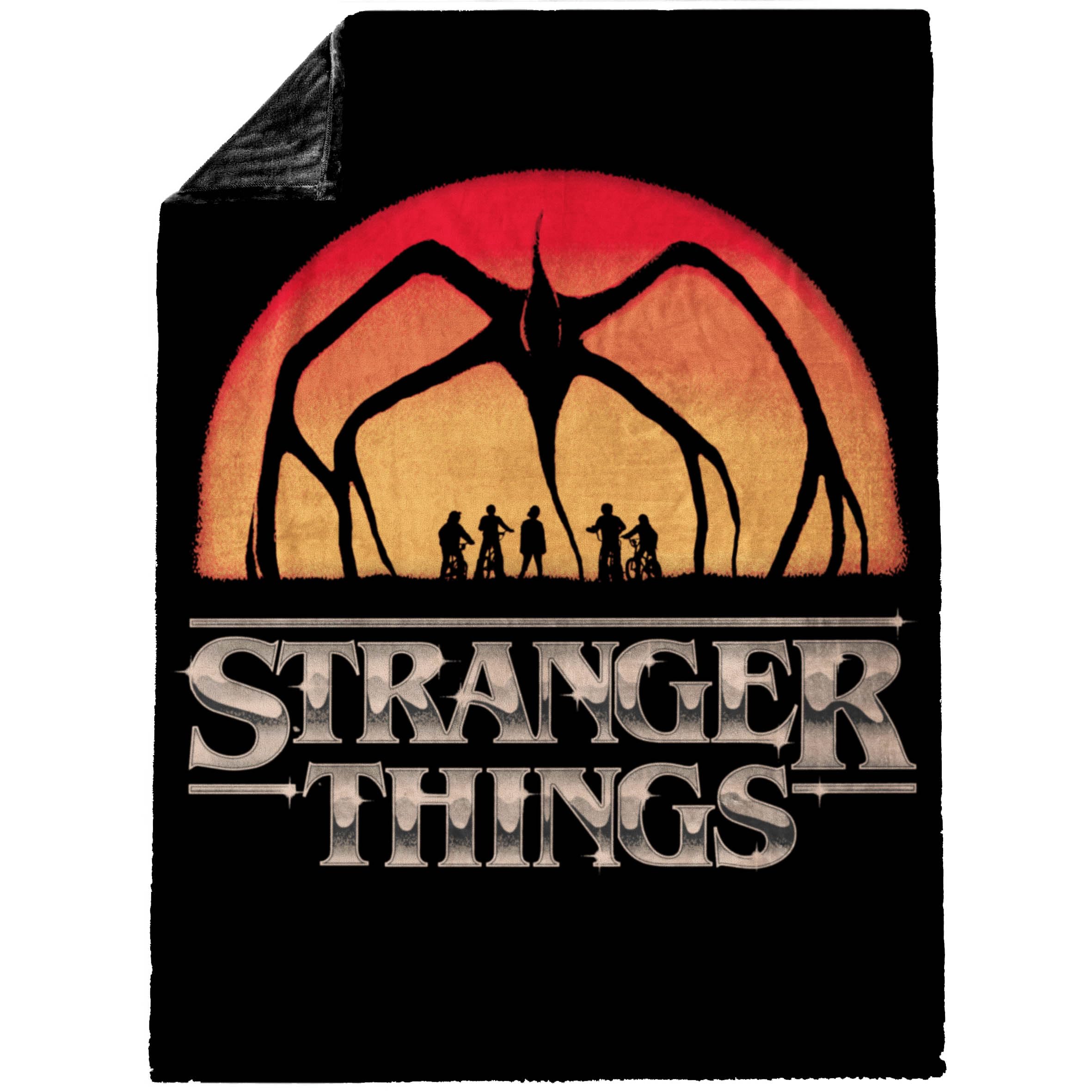 Jay Franco Stranger Things plush throw shows shadow monster over silhouettes for dramatic style.