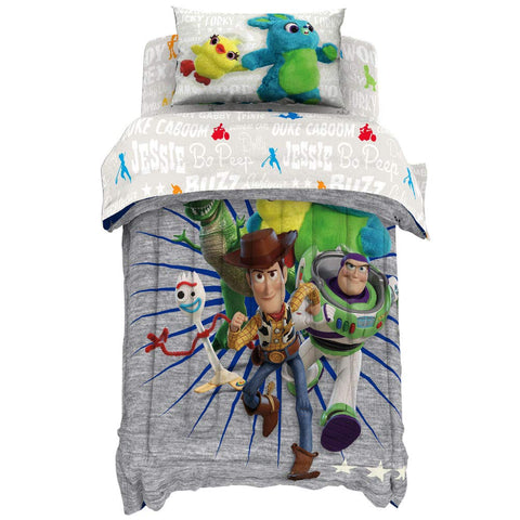 Jay Franco Toy Story 4 fitted sheet in blue enhances sleep-ready surface.
