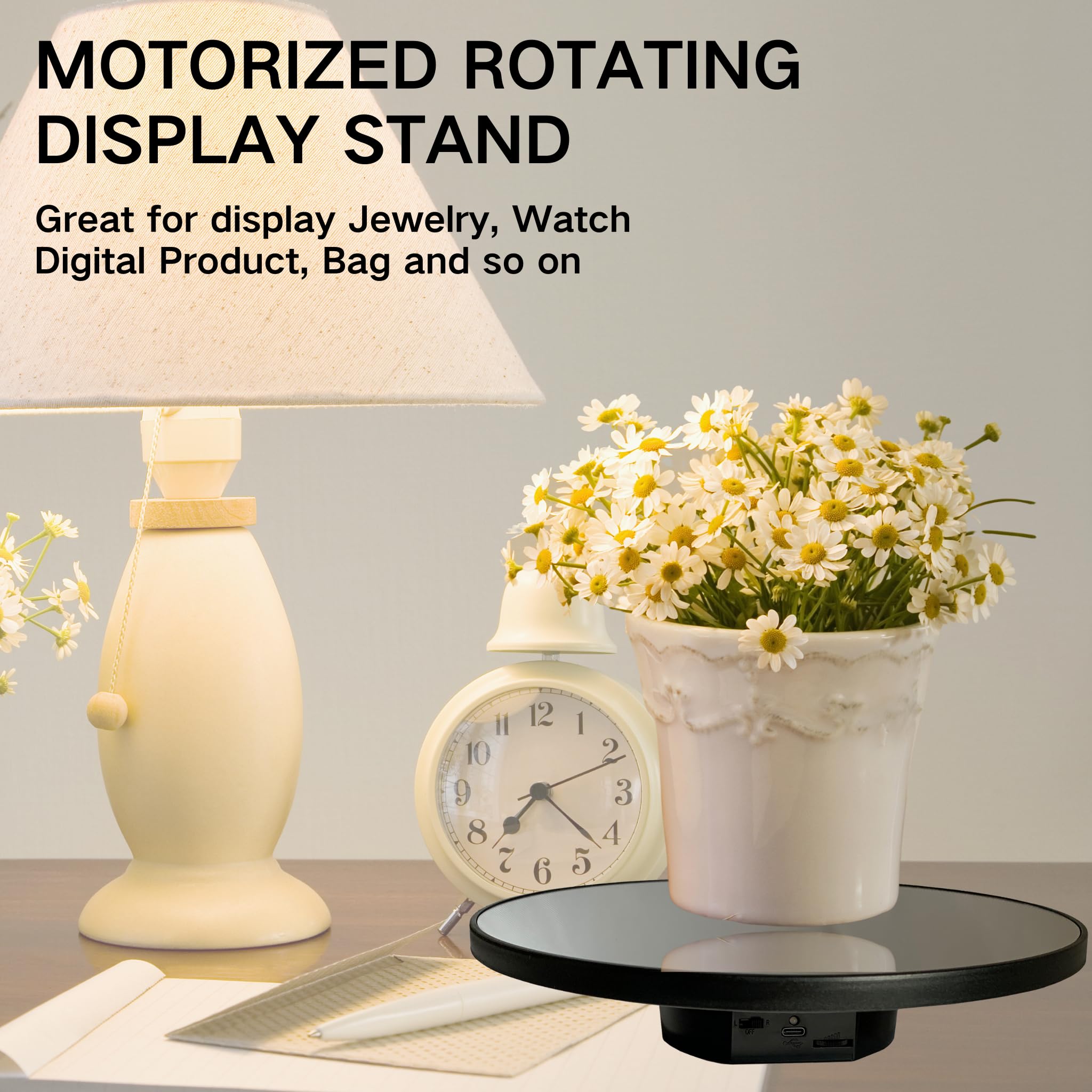 JAYEGT cup display turntable adds dynamic motion to beverages and tumblers on shelves.