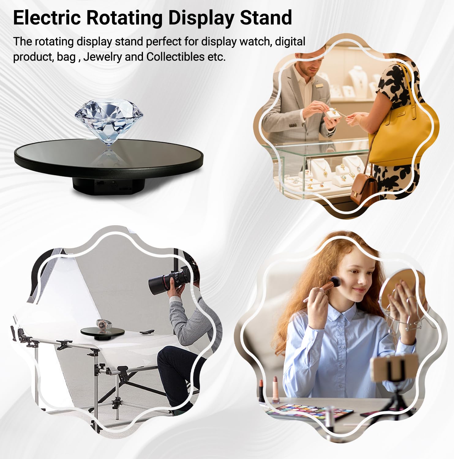 JAYEGT display stand showcases jewelry with smooth rotation for close-up capture.