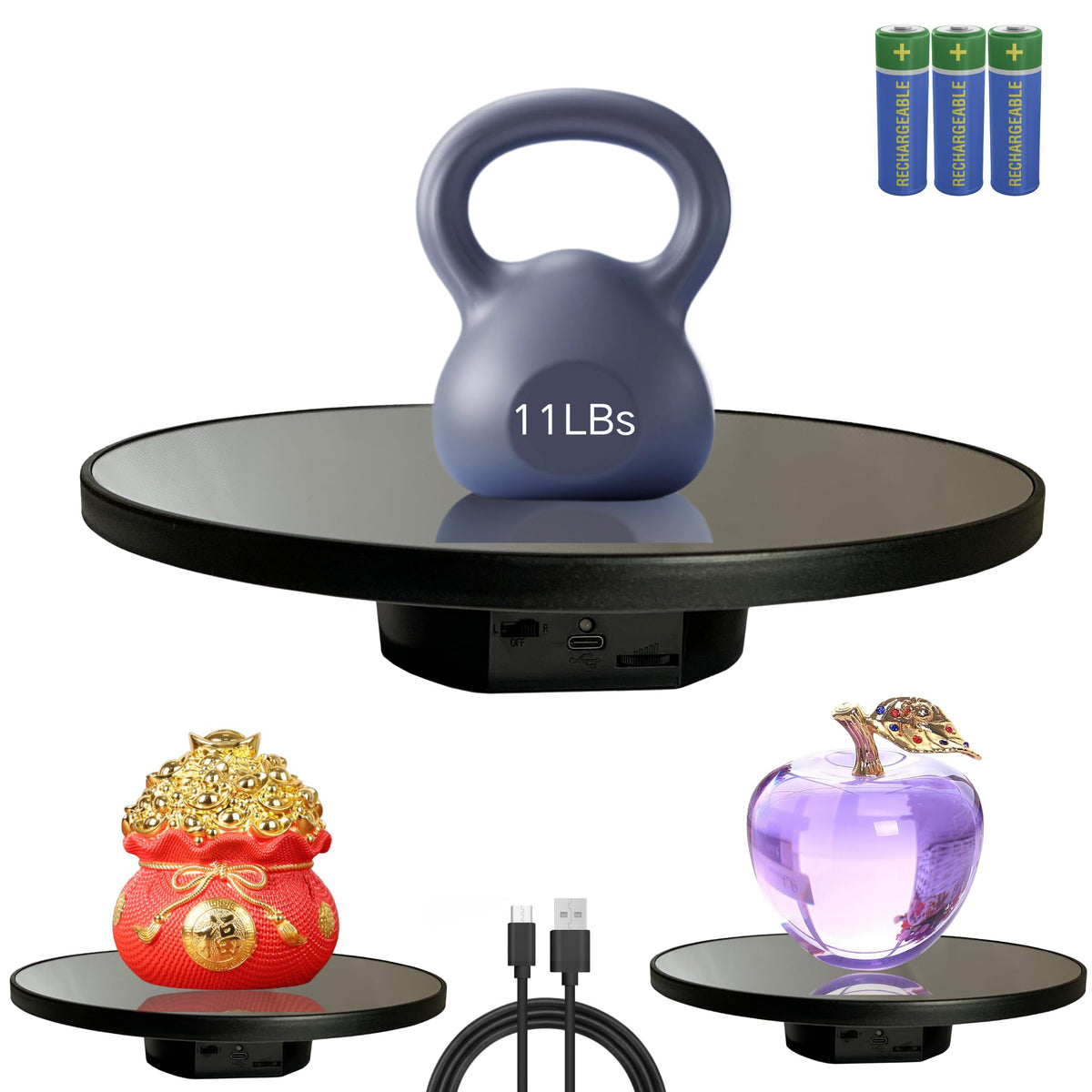 JAYEGT motorized rotating stand with 360° view for jewelry displays and product photography.