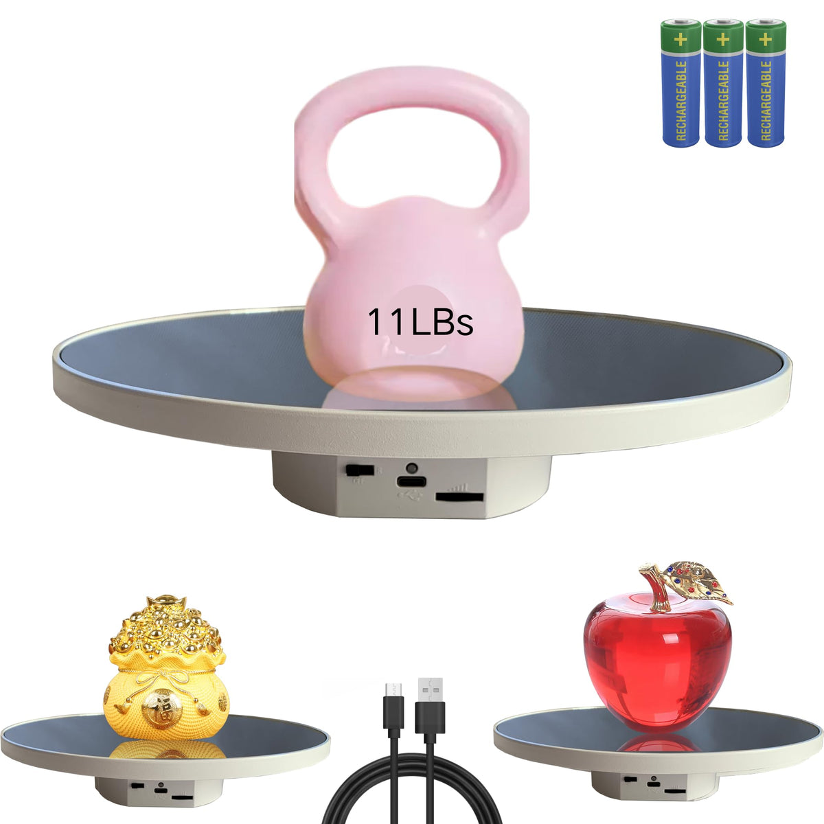 JAYEGT rotating display stand showing 360° view for jewelry and crafts.