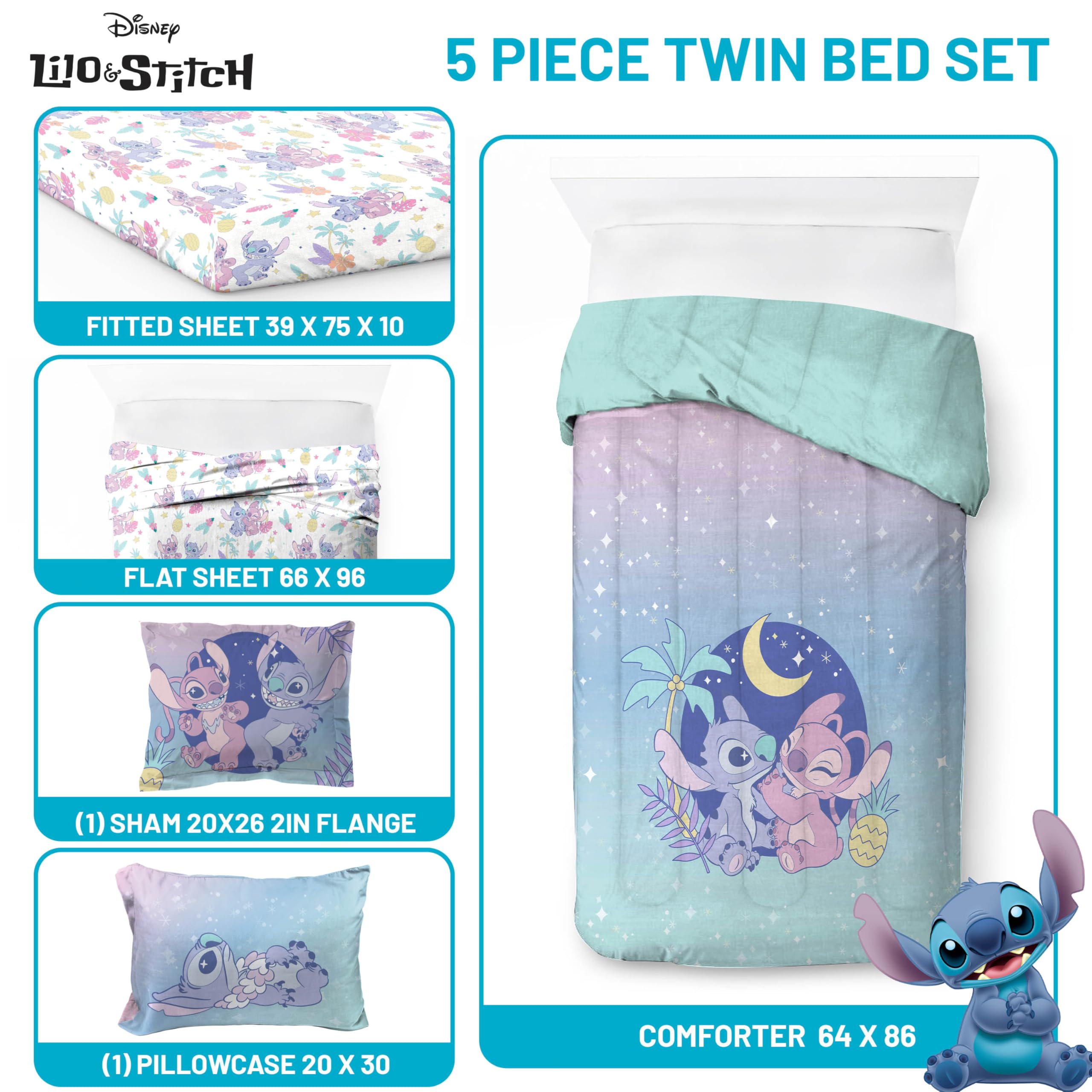 Jay Franco Lilo & Stitch fitted sheet fits standard twin beds snugly.
