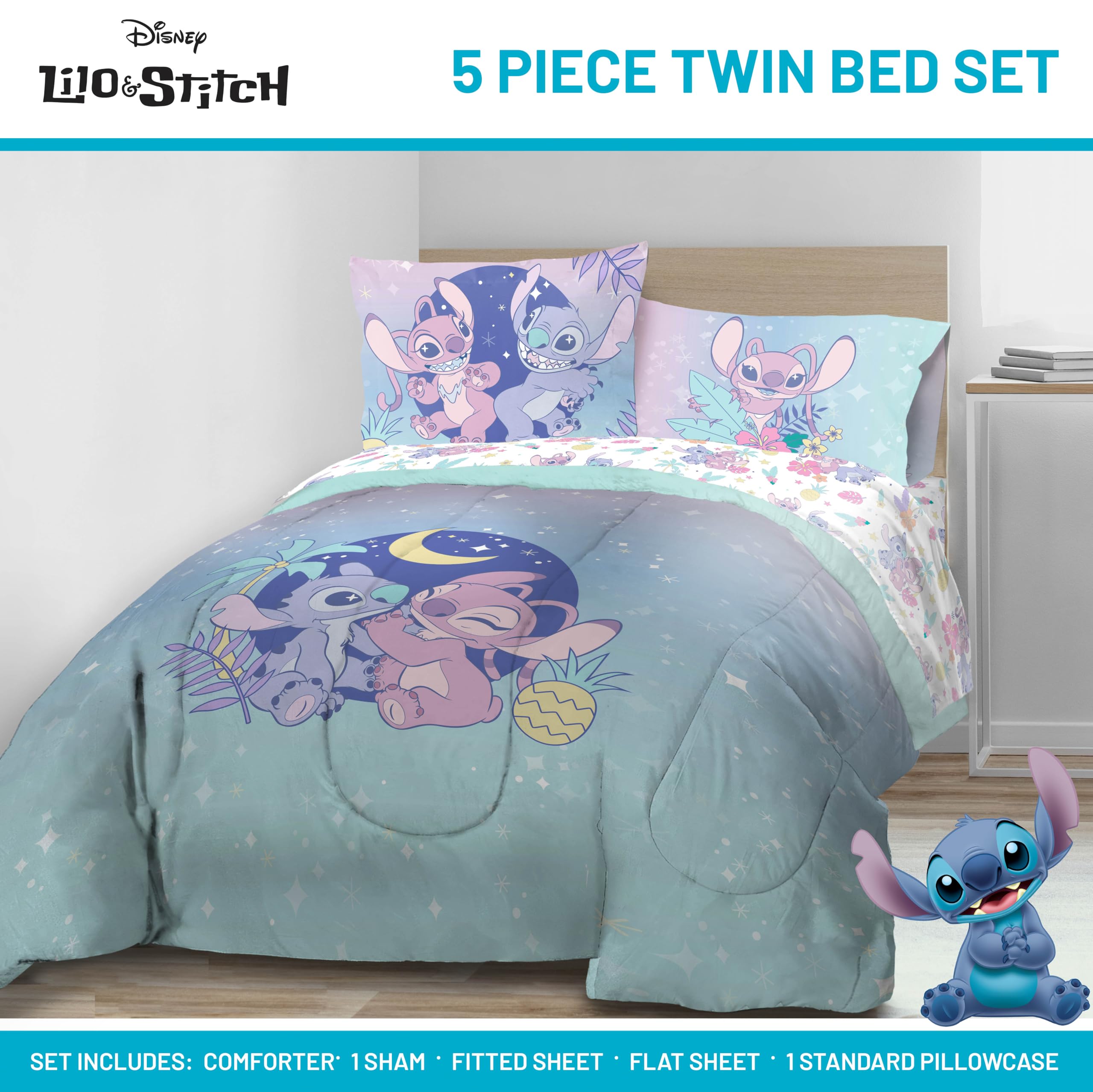 Jay Franco Lilo & Stitch flat sheet showcases galaxy-inspired colors for imaginative sleep.