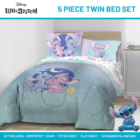Jay Franco Lilo & Stitch flat sheet showcases galaxy-inspired colors for imaginative sleep.