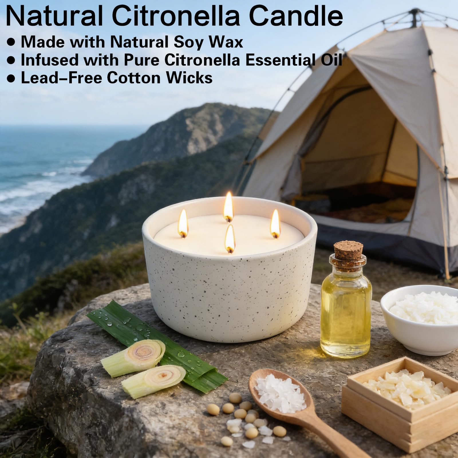 Jayhanvoe citronella candle on deck creating inviting evenings.